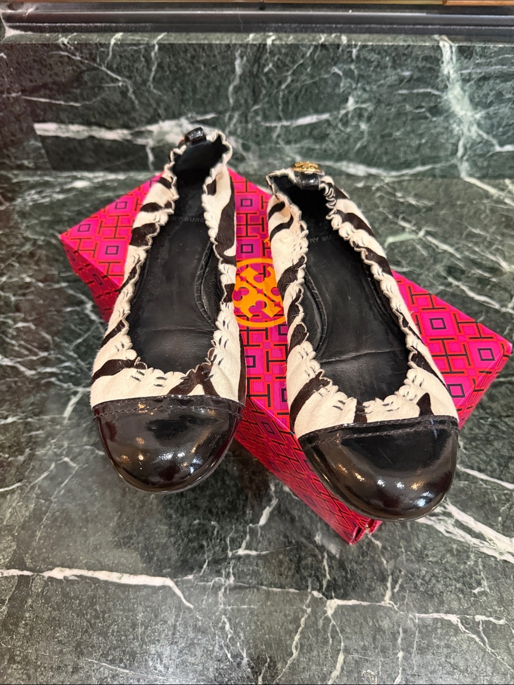 Tory Burch Zebra pattern with patten leather trim and Cap Toe Ballet Flats